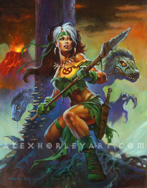 Rogue crouches by a wooden pillar with a spear, wearing tattered fabrics with an X-Men logo showing through, as well as a fanged necklace, and thick gloves. Two velociraptors peer towards her in the background as a volcano erupts far in the distance.