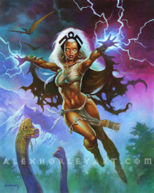 Storm's hands crackle with power as she flies above the Savage Land. Her eyes are glowing with power and she wears a loincloth, a ripped cloak, and a cropped upper garment, along with emerald jewelry. Two Brachiosauruses graze in the background, and Pterodactyls fly above trees and snowy mountains in the storm-filled sky.
