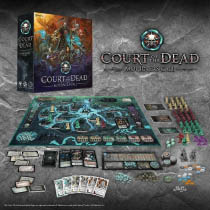 A product photo of the Mourners Call board game. At the top is the box, and below it is the game board, as well as numerous sets of cards, with numerous figurines corresponding to the three factions on the right of the board, with several types of tokens and components in neat piles below them. The game board depicts the underworld, a large set of multiple cityscapes and environments on islands, split up by glowing rivers.