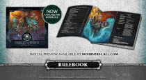 Digital product photo of the Court of the Dead: Mourners Call rulebook, with Alex Horley's box art shown on both the cover and in the center of the table of contents. The rulebook's cover is on the left, with the rulebook spread open to show the table of contents on the right.