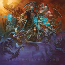 An ensemble style piece of various characters from Court of the Dead, featuring characters from the Flesh, Bone, and Spirit factions. Each character strikes a battle pose, fighting off nightmarish creatures in the lower half of the canvas, and distant angels and demons towards the top of the canvas.