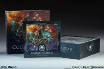 A product photo of the Court of the Dead: Mourners Call game, with Alex Horley's box art on both the top of the box and the rulebook. The box top and rulebook are placed vertically, with the game box resting horizontally.
