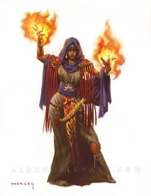Ash'ahand wears ornate robes, jewelry, and a hood, conjuring fiery magic in both of her swirling hands. She wears an opulent golden dagger and a large pendant of a rising sun.