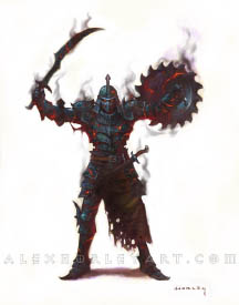 Ash'ahar is an armored warrior, with cracks in their smoldering armor showing molten energy underneath. They hold a sawlike buckler in their left hand and a curved sword in their right, both held high as if challenging an opponent. Most of their armor is spiked or bladed, with a helmet reminiscent of a samurai's mask.