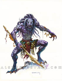 The Daggermaw is a reptilian human, with flowing tentacles for hair and a fishnet top. Their clothing includes peals and shells, and the digits of their fingers and toes are webbed and clawed. They wield a spear made of bone and are looking forward, focused.
