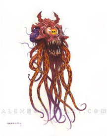 The Deathseer appears to be a large, bony head with a single huge eye, spiked teeth, and crackling tentacles hanging below it. The rear of their head is veiny with smaller tentacles upon it.