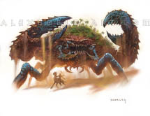 The Duneback is a massive crab with the vegetation of an entire oasis on their back, undearneath which lies their face with several eyes and spiny mandibles. Sand trails from their claws, as if they have just risen from the dunes, as a warrior on horseback attempts to retreat below them.
