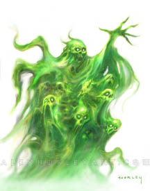 The Fangwraith is a mass of screaming souls fused together, reaching forward with a single hand. Tendrils of energy radiate from their body, as ghostly skulls with stretched jaws twist and churn. 