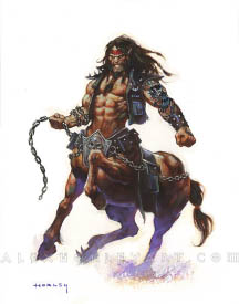 The Gangrunner is a centaur with a mane of black hair, and wearing the studded leather attire of a biker gang member. They have a tattoo of feathers and skull on their left arm, and they wield a swinging chain. They are charging forward and grimacing menacingly.