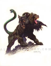 The Golmaera is a four legged animal with black fur, and the head of a wolf, bear, and raven, as well as a tail of a snake. Their fur ripples with muscle and all four jaws are open wide. 