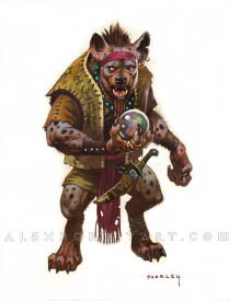 The Magyir is a hyena-like person, holding a crystal ball with a dagger strapped to their hip. They have a thick leather vest, a headband, and an eye replaced with a pearl. They are gazing at their crystal ball thoughtfully.