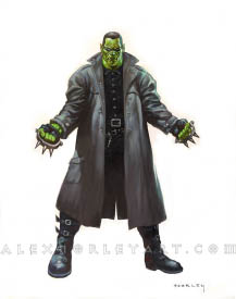 The Malefactor is a green skinned man with thin sunglasses and fangs. They wear a modern dress shirt and trench coat, along with leather gloves and spiked metal knuckles. 