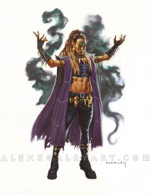 The Occultist is a muscular woman with long hair and a modern outfit consisting of black leather, bone, and a cloak. Her face has glowing tattoos which match the billowing smoke behind her. Her arms are raised, and she has elongated ears.