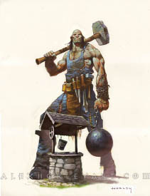 The Hill Giant appears as a huge, stern man, with a giant hammer and chains wrapped around their wrist which lead to a wrecking ball. They have tools held in their belt, and they stand tall over a covered water well below them, which only comes up to their waist, showing their huge stature.
