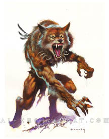 Ravenous appears like a werewolf, with humanlike claws, a tattered waistcloth, and canine legs. Their head is fully canine, baring their teeth with eyes full of fury.