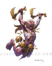 The Skulltaker leaps through the air with two hatchets made of jawbones raised high. They wear primitive clothing adorned with bones and are letting out a warcry.