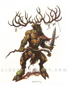 Staggoth appears as a Stag with enormous antlers and a human torso. They wear torn leather around their shoulder and waist, with a brutal dagger in one hand and a wooden staff in the other. They are standing atop a bile of bones with skulls tied to their waist.