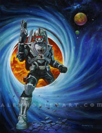 A futuristic soldier stepping through a swirling portal in the cosmos. He wears a full set of light colored armor on top of dark cloth. He has a glowing visor with diagonal lines crossing it, and his chestplate has oxygen tubes and a skull decal on it. He is holding a pistol upward in his right hand, and behind him, on the other side of the portal, is a cityscape shrouded in flames.