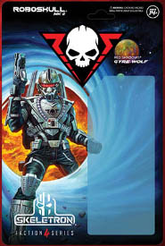 The backing card for the Gyre Wolf action figure. It has an empty rectangle on the right, for the figure to be placed on top of, the Roboskull logo (a Skull with diagonal lines framing it) in the upper middle, with artwork of a futuristic soldier stepping through a portal on the left.