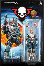A Gyre Wolf action figure, with artwork on the left and the figure on the right. The artwork shows a futuristic soldier stepping through a portal, and the action figure is of the same soldier, with his helmet removed. He has a dark beard and goggles on his forehead. Above him are his gun and helmet as accessories.