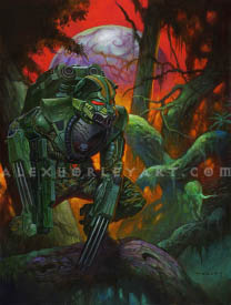 An painting of Jungle Wolf, a futuristic trooper wearing camouflaged armor, perched on a branch in a tangled jungle. He has a jetpack and a small rifle, and has sets of three parallel blades attached to his forearms, like claws. His helmet is fully enclosed, with small protrusions at the top, almost like ears, and it has a sort of muzzle shape, reminiscent of a wolf. His armor is lightly scarred and dented, but seems to be in good condition. Behind him is a warm, glowing sky, with a pearlescent moon visible in distant space.