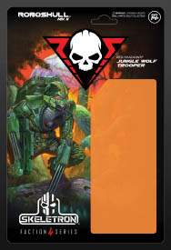 The backing card for the Jungle Wolf action figure. It has an empty rectangle on the right, for the figure to be placed on top of, the Roboskull logo (a Skull with diagonal lines framing it) in the upper middle, with artwork of a Jungle Wolf Trooper crouching on a tree branch on the left. The text on the packaging says SKELETRON FACTION SERIES near the bottom, and Red Shadows Jungle Wolf Trooper near the upper right.