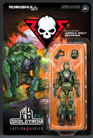 A Jungle Wolf action figure, with artwork on the left and the figure on the right. The artwork shows a Jungle Wolf Trooper perched on a tree branch, matching the action figure to the right of the illustration, who wears dark green armor over camouflage fatigues. His helmet is off, such that his face is partially visible, as he wears a mask which shows only his eyes. Packaged in plastic above the figure are two accessories. One is the wolf-like helmet he wears in the illustration, and an angular pistol, which likely fits in his hand.