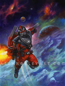 A futuristic soldier flying through space on a jetpack. He is firing a rifle with his right hand, and is pulling back his left fist. His armor is dark, on top of a red jumpsuit, and he has breathing tubes and a skull decal on his chest. His helmet has two glowing eyes with a complex mouthpiece, and a stripe going through the forehead. Behind him is the surface of a frozen planet, with nebulae and other planets further away in space.