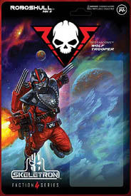 The backing card for the Wolf Trooper action figure. It has an empty rectangle on the right, for the figure to be placed on top of, the Roboskull logo (a Skull with diagonal lines framing it) in the upper middle, with artwork of a futuristic soldier flying through space on a jetpack on the left.