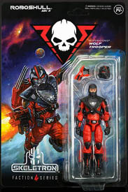 A Wolf Trooper action figure, with artwork of him on the left, and the figure on the right. The artwork shows a futuristic soldier flying on a jetpack, and the action figure is of the same soldier, with his helmet removed. His head is covered in a black balaclava, with his eyes visible. Above him are his gun and helmet as accessories.
